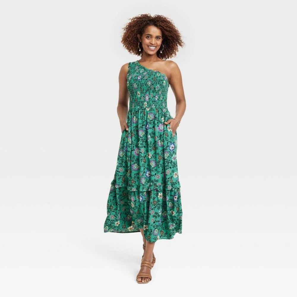 Knox Rose Emerald Green Floral One-Shoulder Tiered Maxi Dress